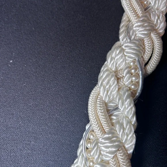 Vintage 80s Ivory Braided Rope Belt | Pearl Accent Statement Waist Belt - Picture 7 of 7